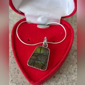 Sterling Silver Ammolite Fossil Pendant Necklace Stamped 925 in Gift Box